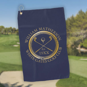 Personalised Golf Club Name Navy Blue And Gold Golf Towel