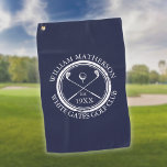 Personalised Golf Club Name Navy Blue Golf Towel<br><div class="desc">Featuring a classic crossed golf clubs and golf ball design, and aged stamp effect border, these golf towels are ideal for all golf clubs and golf club members. Personalise with the name of the club member, the golf club name, and the year the golf club was established. Designed by Thisisnotme©...</div>