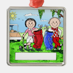 Personalised Golf Couple Cartoon Caricature Metal Tree Decoration