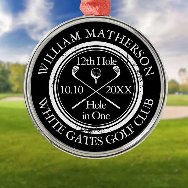 Personalised Golf Hole in One Black And White Metal Tree Decoration (Personalized Golf Hole in One Black And White Metal Ornament)