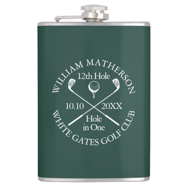 Personalised Golf Hole in One Emerald Green Hip Flask (Front)