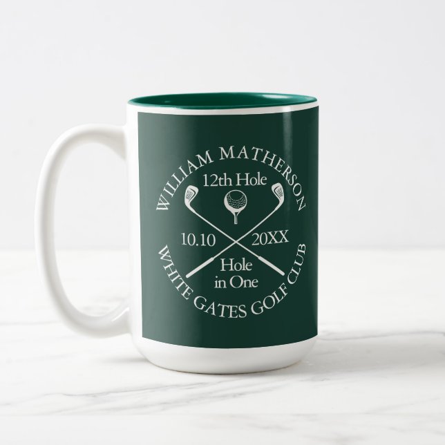 Personalised Golf Hole in One Emerald Green Two-Tone Coffee Mug (Left)