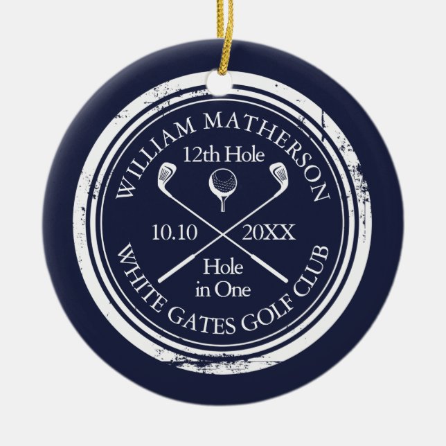 Personalised Golf Hole in One Keepsake Navy Blue Ceramic Tree Decoration (Front)