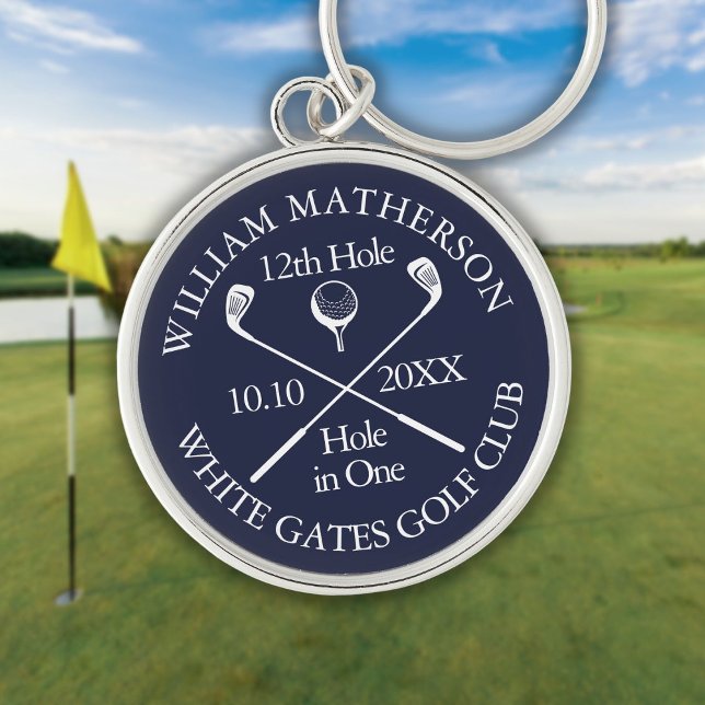 Personalised Golf Hole in One Navy Blue Key Ring (Personalized Golf Hole in One Navy Blue Keychain)
