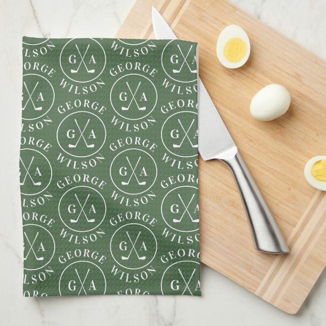 Personalised Golf Monogram Name Green Golf Tea Towel (Quarter Fold)
