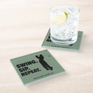 Personalised Golf Swing Sip Repeat Glass Coaster