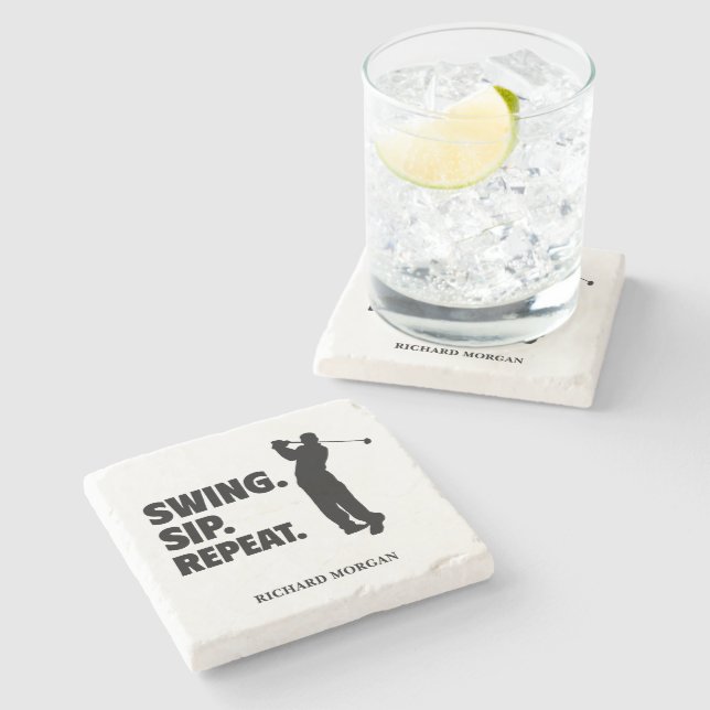 Personalised Golf Swing Sip Repeat Stone Coaster (Side)
