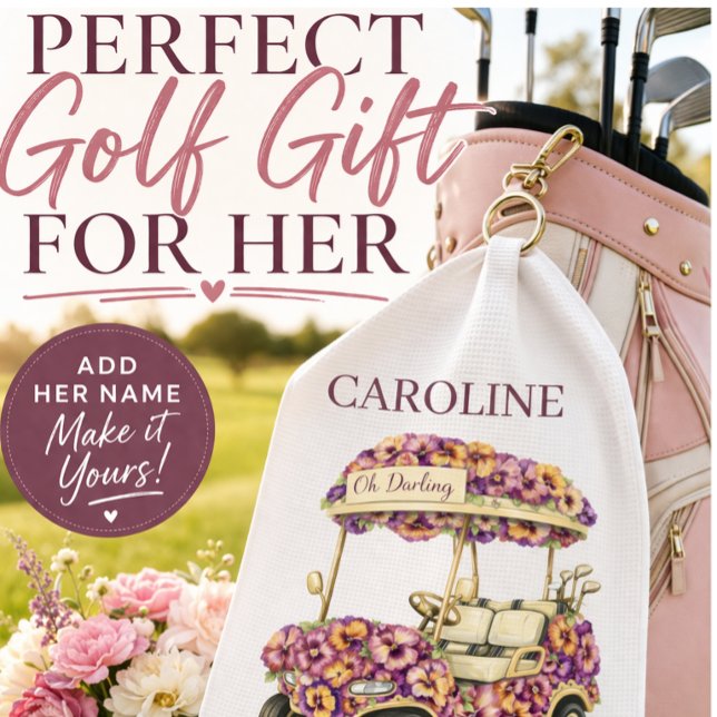 Personalised Golf Towel | Pink Floral Golf Gift (Personalised Floral Golf Towel Gift for Her)