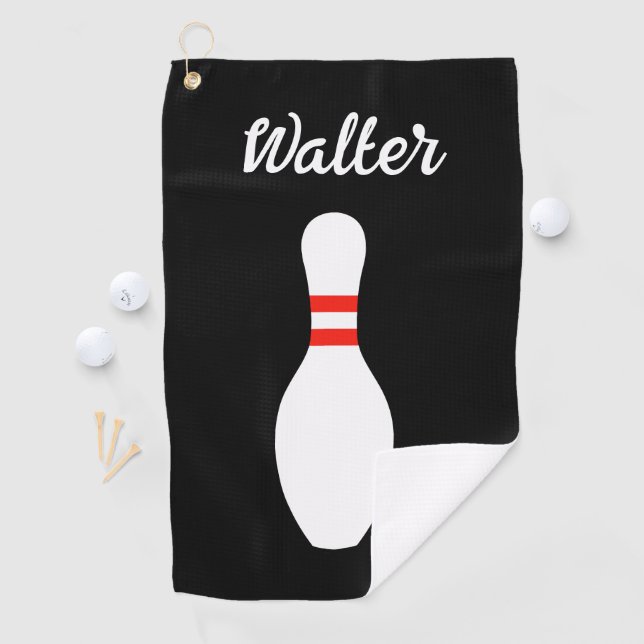 Personalised golf towel with bowling pin design (InSitu)