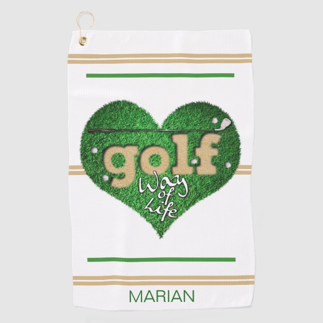 Personalised GOLF Way of Life White/Green/Mustard Golf Towel (Front)