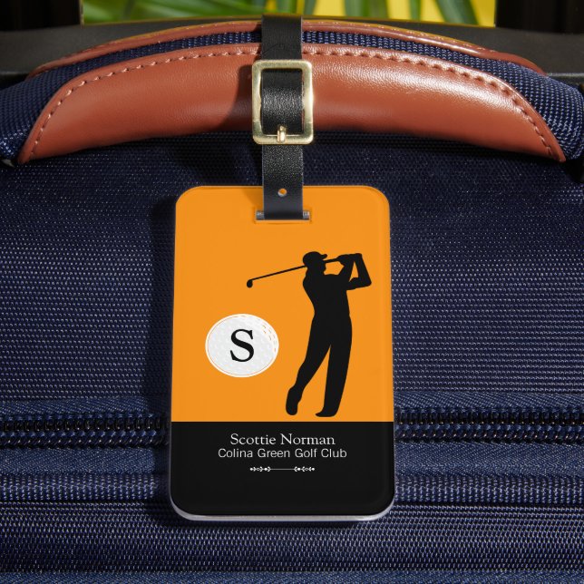 Personalised Golfer Monogram Orange/Black Luggage Tag (Front Insitu 2)