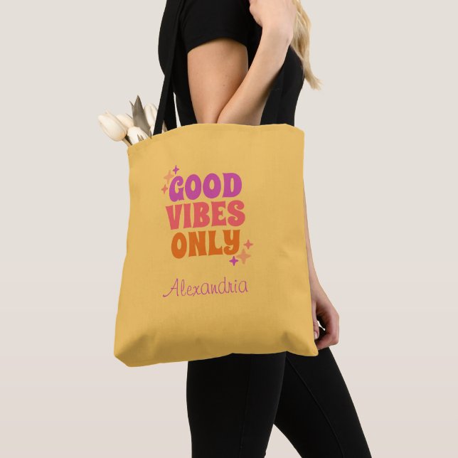 Personalised Good Vibes Yellow Tote Bag (Close Up)