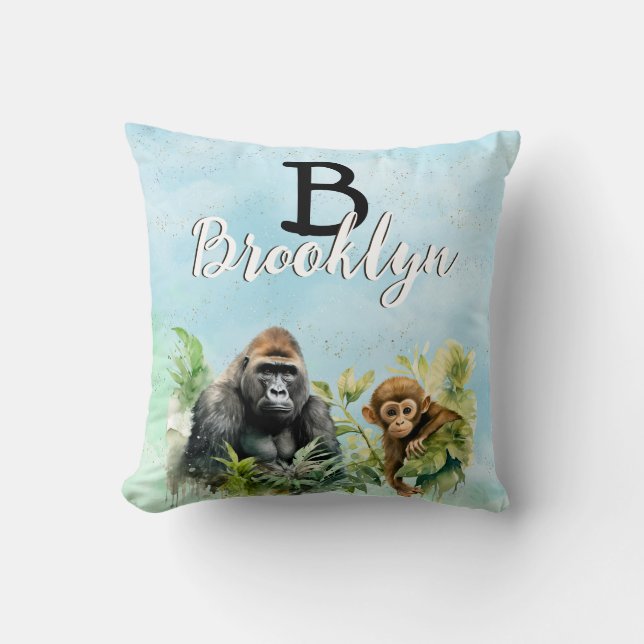 Personalised Gorilla Chimpanzee Jungle Monogram Cushion (Front)