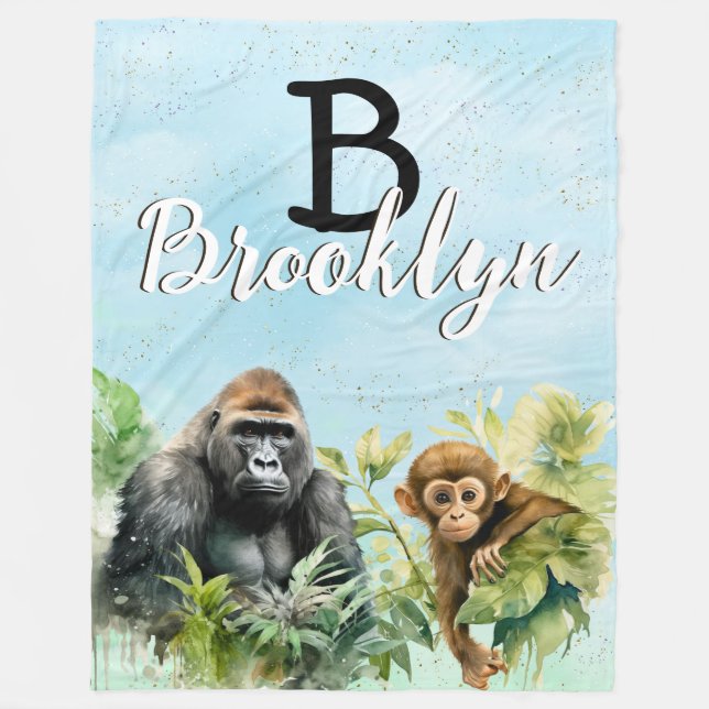 Personalised Gorilla Chimpanzee Jungle Monogram Fleece Blanket (Front)