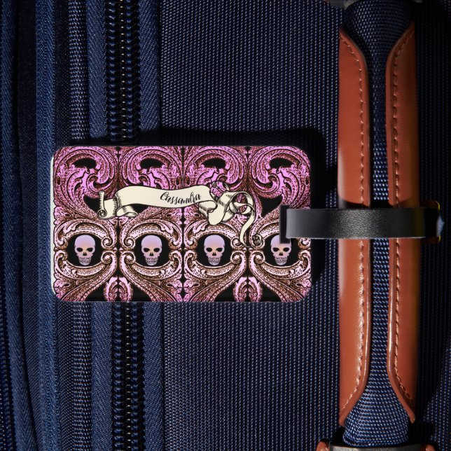 Personalised Goth Pink Ornament & Sk Luggage Tag (Back Insitu 2)
