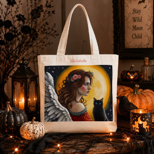 Personalised Gothic Angel Black Cat Full Moon Tote Bag