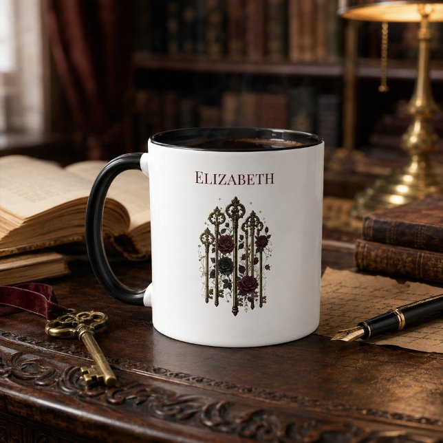 Personalised Gothic Keys Burgundy Roses Two Tone  Mug (Personalized Gothic Keys Burgundy Roses Two Tone Mug)