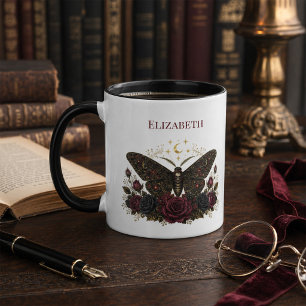Personalised Gothic Moth Burgundy Roses Two Tone Mug