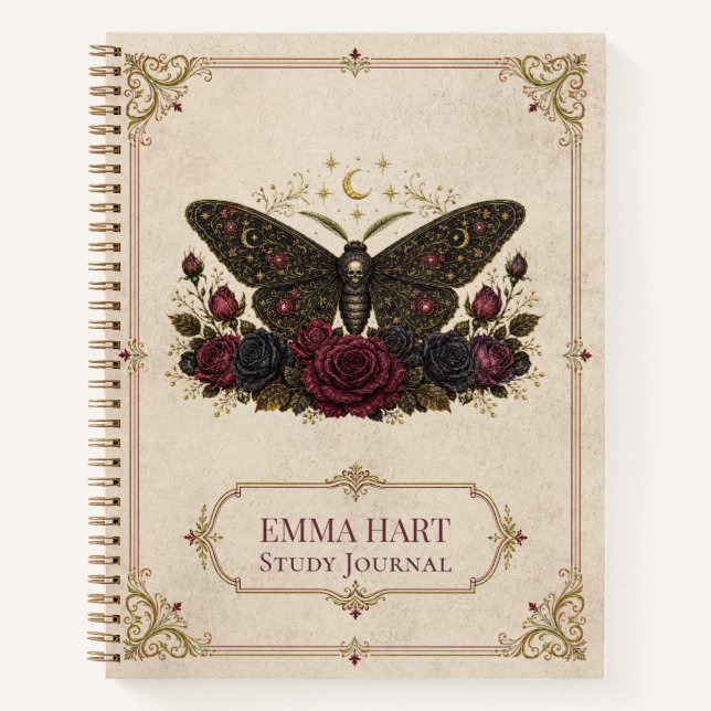 Personalised Gothic Moth Roses Dark Academia  Notebook (Front)