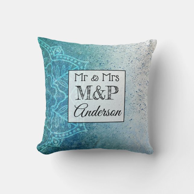 Personalised Gradient Blue Mandala Wedding Pillow (Front)