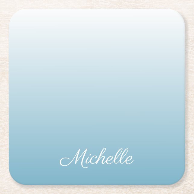 Personalised gradient ombre angel blue square paper coaster (Front)