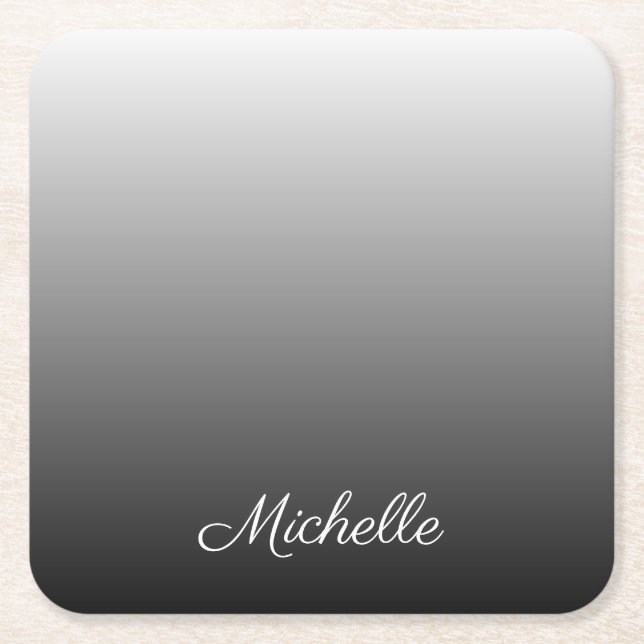 Personalised gradient ombre black shades of grey square paper coaster (Front)