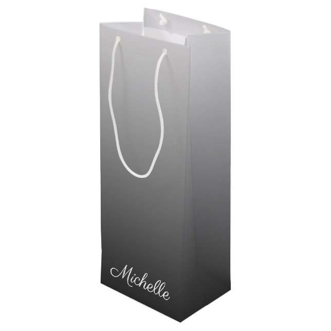 Personalised gradient ombre black shades of grey wine gift bag (Back Angled)