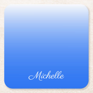 Personalised gradient ombre electric blue square paper coaster