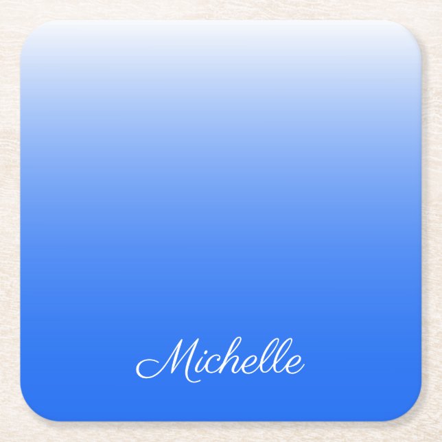 Personalised gradient ombre electric blue square paper coaster (Front)