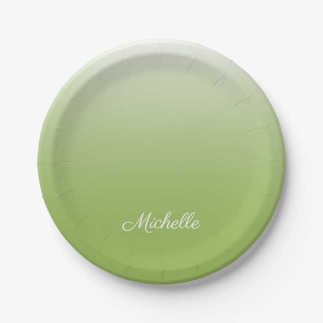 Personalised gradient ombre greenery green paper plate (Front)