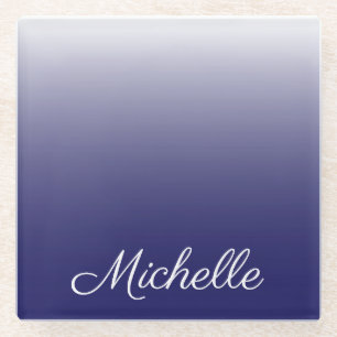 Personalised gradient ombre navy blue glass coaster