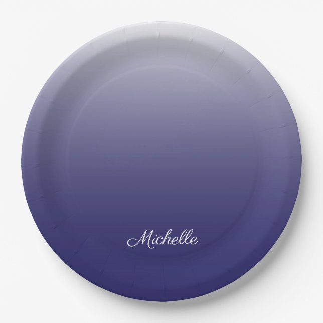 Personalised gradient ombre navy blue paper plate (Front)