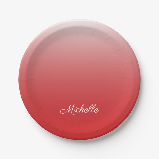Personalised gradient ombre red paper plate (Front)