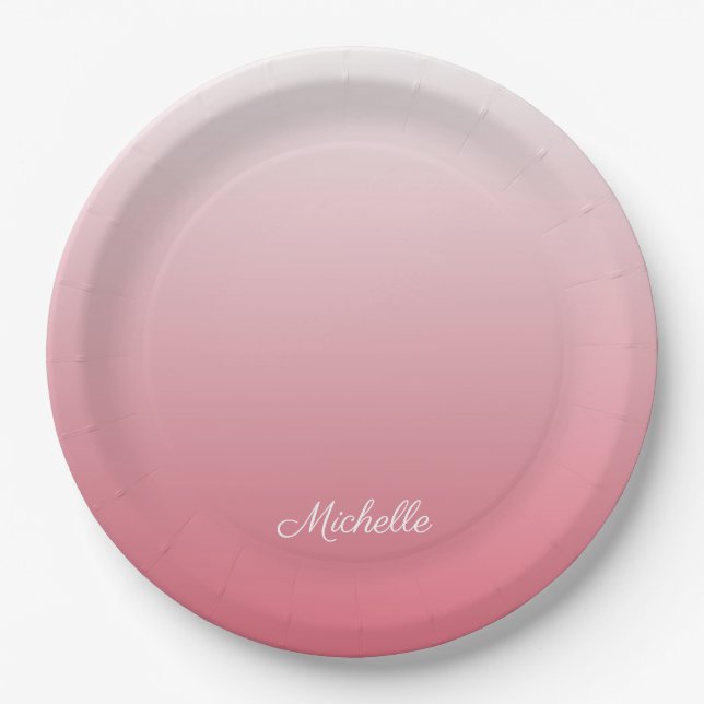 Personalised gradient ombre salmon pink paper plate (Front)