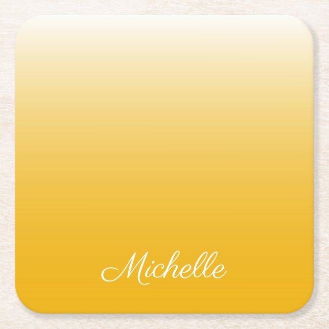 Personalised gradient ombre yellow square paper coaster (Front)