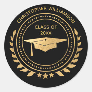 Personalised Graduate Black Gold Classic Monogram Classic Round Sticker