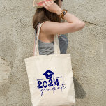 Personalised Graduate Class of 2024 Navy Blue Tote Bag<br><div class="desc">Graduate Class of 2024 quote features a cap with tassel,  modern topography and calligraphy script,  accented with florals and hearts.  Easily personalise with your name of choice and monogram on back.  Great gift idea for that special grad. (School Colour: Navy Blue)</div>