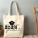 Personalised Graduate Class of 2024 Tote Bag<br><div class="desc">Graduate Class of 2024 quote features a cap with tassel,  modern topography and calligraphy script,  accented with florals and hearts.  Easily personalise with your name of choice and monogram on back.  Great gift idea for that special grad.  (School Colour: (Black)</div>
