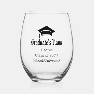 Personalised Graduate Name Cap Tassel Class Black Stemless Wine Glass
