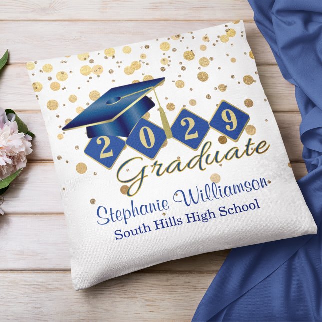 Personalised Graduation Blue & Gold Confetti Cushion (Personalized Graduation Blue & Gold Confetti Throw Pillow)