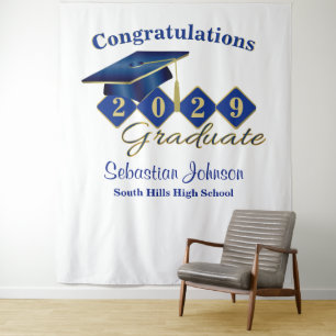 Personalised Graduation Blue & Gold Party Backdrop Tapestry