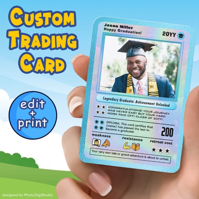 Personalised Graduation Card Graduate Trading Card (Personalized Graduation Card, Editable Graduate Trading Card Template and Print, Custom Cartoon Card)