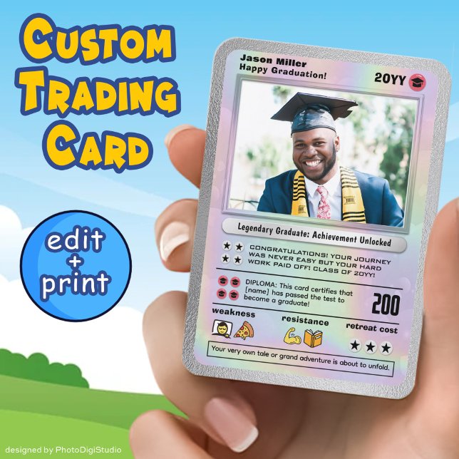 Personalised Graduation Card Graduate Trading Card (Personalized Graduation Card, Editable Graduate Trading Card Template and Print, Custom Cartoon Card)
