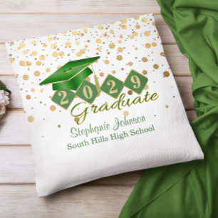 Personalised Graduation Confetti Green & Gold Cushion