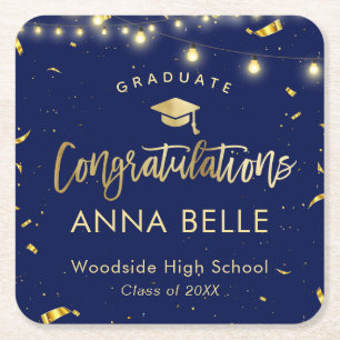 Personalised Graduation Elegant Navy Class of 2021 Square Paper Coaster