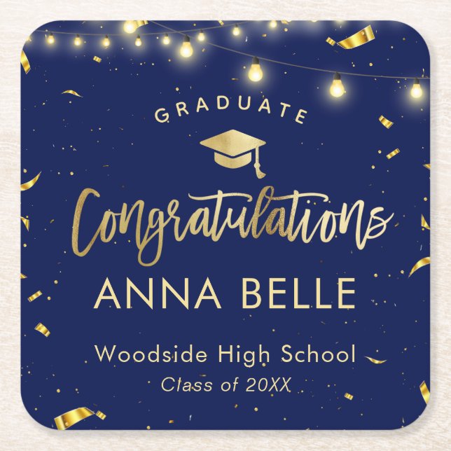 Personalised Graduation Elegant Navy Class of 2021 Square Paper Coaster (Front)