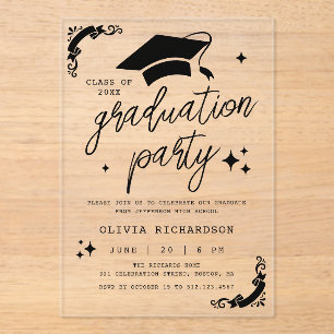 Personalised Graduation Elegant Script Stars & Cap Acrylic Invitations