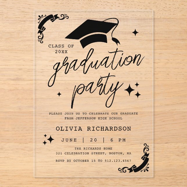 Personalised Graduation Elegant Script Stars & Cap Acrylic Invitations (Front)