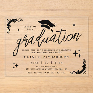 Personalised Graduation Elegant Script Stars & Cap Acrylic Invitations