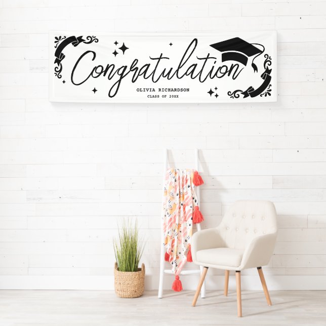Personalised Graduation Elegant Script Stars & Cap Banner (Insitu)